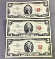 (3) US two dollar red seal notes (crisp)