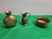(3) Brass Items - Vase, Sm Pitcher & Pot w/ Handle