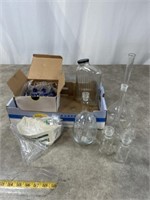 Pyrex beakers and test tubes, glass vials and