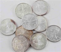 US SILVER EAGLE BULLION LOT OF 9 COINS MIXED DATES