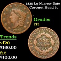 1828 Lg Narrow Date Coronet Head Large Cent 1c Gra