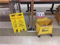 Commercial mop bucket and floor caution signs