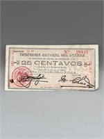 Vintage Mexican 25 Centavos Bill