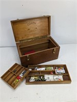 Vintage Wooden Tackle Box w/ Hooks & More