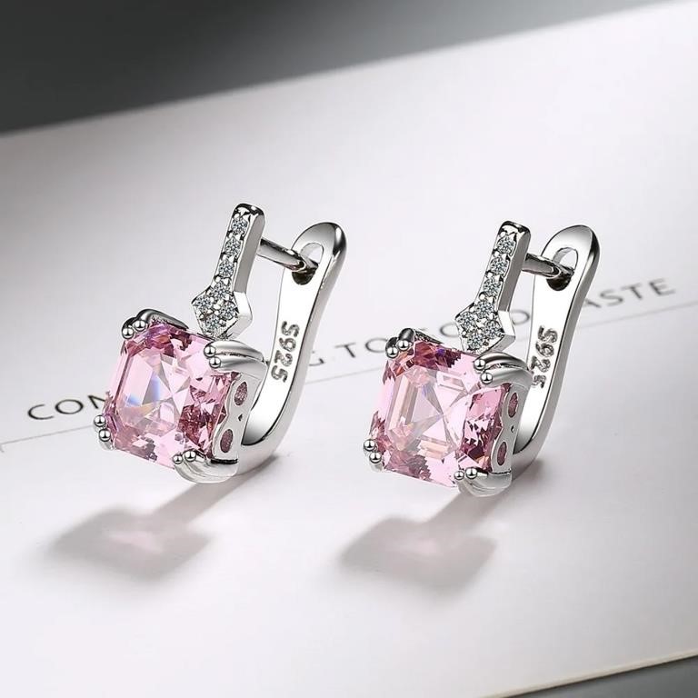 Pink Zircon Square Gemstone Hoop Earrings - 925 St