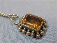 Sterling Silver Necklace W/Orange Stone Pendant