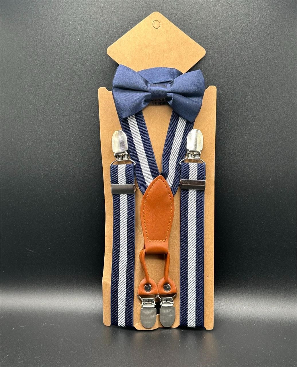 Toddler Suspenders - navy blue with brown leather