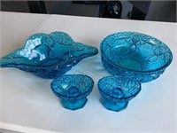 Vintage Blue Glass Rose Bowls & Candlestick Holder