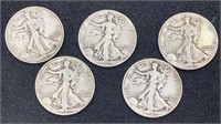 (5) 1940’s Silver Walking Liberty Half Dollars