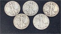 (5) 1940’s Silver Walking Liberty Half Dollars