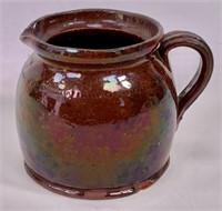 Redware batter pitcher, 5" dia., 4.75" tall