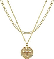18k Gold-pl. White Topaz Cross Layered Necklace