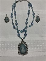 Blue cameo necklace w matching earrings