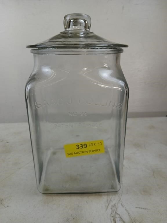 Isaac j Collins No. 24 square glass jar with lid