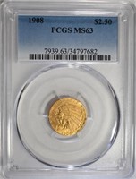 1908 $2.50 INDIAN GOLD, PCGS MS-63 NICE COIN