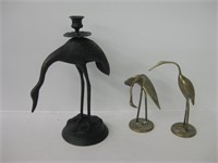 2 Brass Crane Figures & Bronze Crane Candle Holder