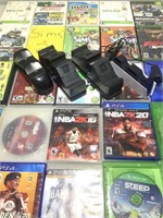 Assorted Video Games and Controller Chargers