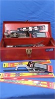 Metal Toolbox w/Saw Blades, Planer, Screws & more