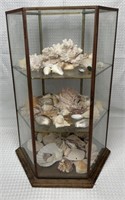 Vintage Hexagonal Glass Brass & Wood Display Case