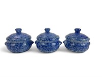 (3) Blue Spongeware Pottery Crocks w/Lids