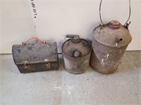 2 Metal Gas Cans & Metal Lunch Box