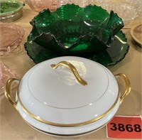 Glass Serving Bowl & Tray, Covered Dish, Green