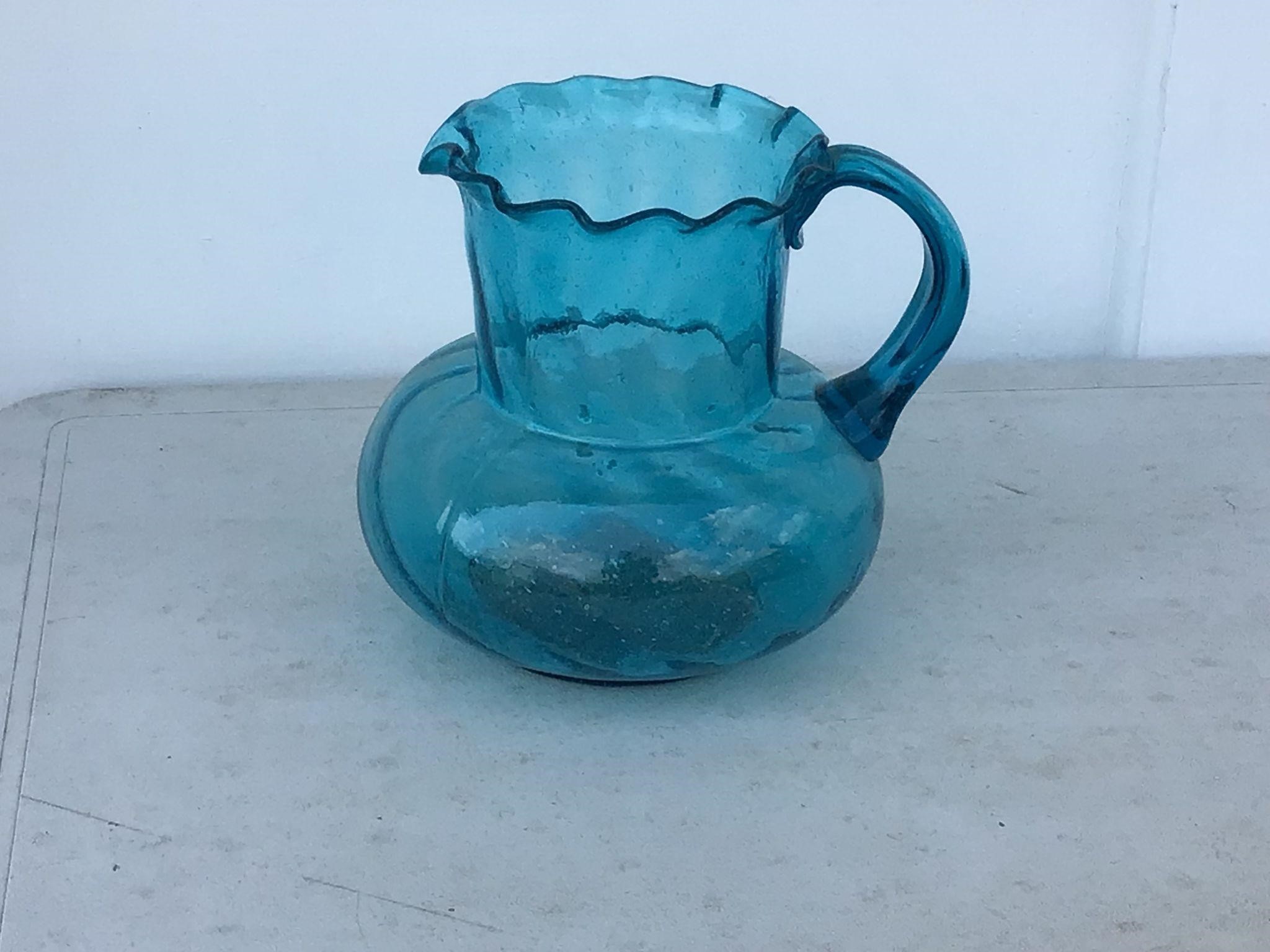 HAND BLOWN BLUE GLASS PITCHER WITH HANDLE - NICE