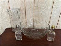 Lot of Vintage Glass Pyrex Bowl, Glass Vase, Salt