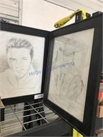 Elvis, John Wayne pencil drawings, framed,