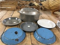 Aluminum Roaster and Enamelware Pie Plates