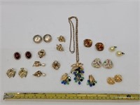 12 Faux Jewel Clip On Earrings w/ a Necklace Set
