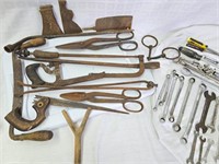 Lot of old tools Saws Axe heads, draw knife+++