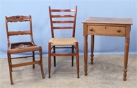 Walnut Work Table C. 1880 and Two Side Chairs