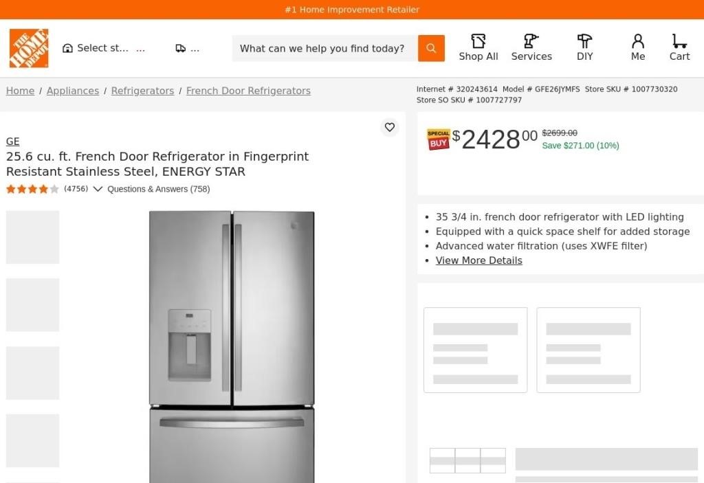 E5093  GE French Door Refrigerator, 25.6 cu. ft.