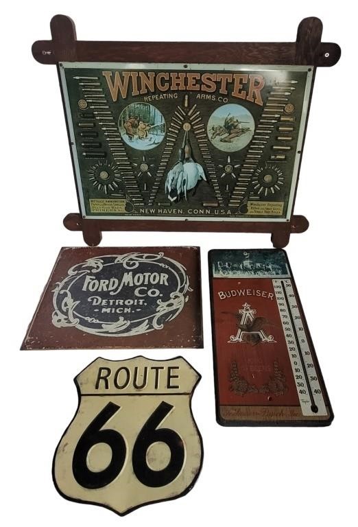 THREE REPRODUCTION TIN SIGNS PLUS THERMOMETER