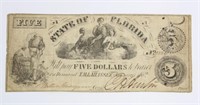 1862 STATE OF FLORIDA FIVE DOLLAR CONFEDERATE NOTE