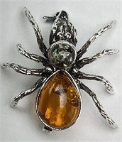 Solid Sterling Green Amber/Amber Spider Pin 4 Gr