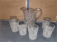 LEADED GLASS WATER PITCHER & 6 GLASSES