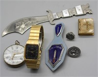 LOT WITH CITIZENS WATCH / KNIFE / BIBLE PILL BOX +