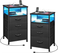 Nightstand Set of 2  LED  3 Fabric Drawers  Black