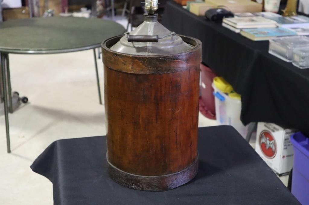 5 Gal tin and wood covered oil jug with bail