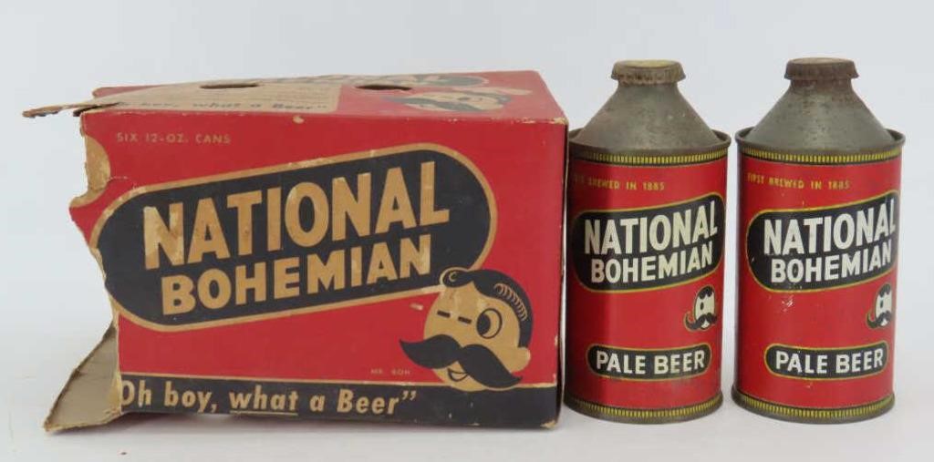 National Bohemian Cone Top Beer Cans & Box | Live and Online Auctions ...