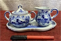 Hand Painted Delft Blue Tea Sugar and Creamer Set