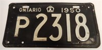 1950 ONTARIO SINGLE EMBOSSED TIN LICENSE PLATE