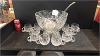 Cut crystal punch bowl with ladle and 12 cups