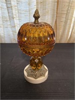 Vtg Amber Glass Pedestal Candy Dish on Stone Base