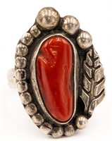 Signed TM Sterling Mediterranean Coral Ring Sz. 5