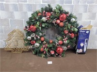 Christmas wreath, electric wine opened, basket