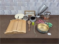 Copper tea kettle, Necklaces, wall art, etc