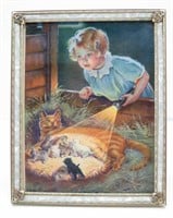 Vintage Print of - Little Girl & Baby Kittens